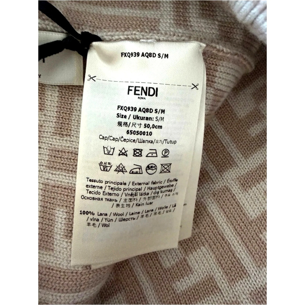 Fendi FF Logo Knit Beanie Hat Beige Wool